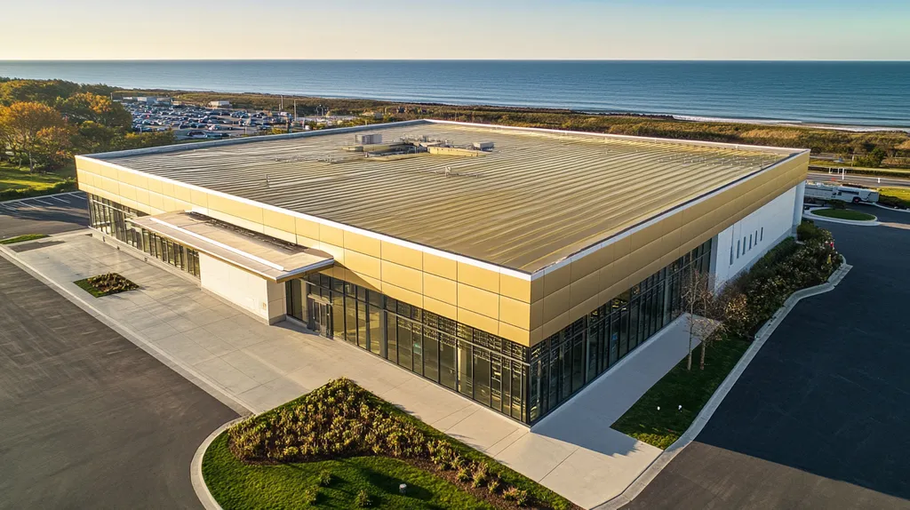 A commercial roof on a research laboratory in a location similar to Newport, Rhode Island with a solid gold aesthetic (AI image)