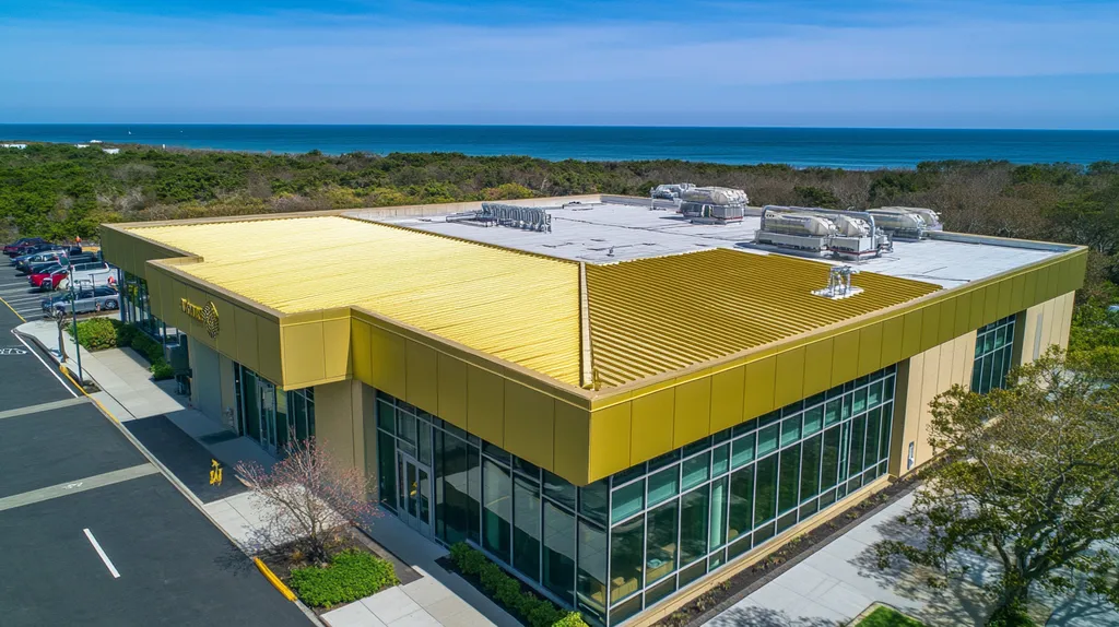 A commercial roof on a research laboratory in a location similar to Newport, Rhode Island with a solid gold aesthetic (AI image)