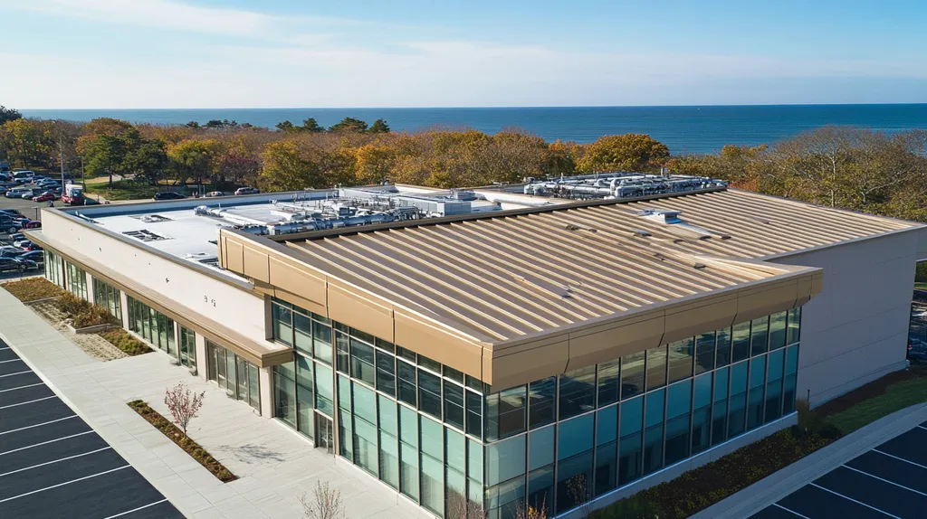 A commercial roof on a research laboratory in a location similar to Newport, Rhode Island with a solid gold aesthetic (AI image)