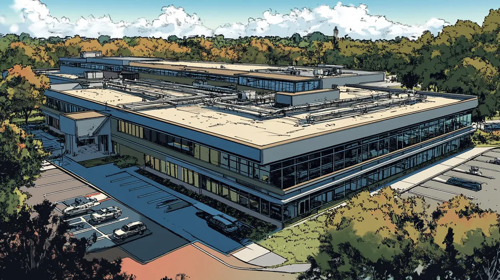 A commercial roof on a research laboratory in a location similar to Orlando with a comic book style aesthetic (AI image)