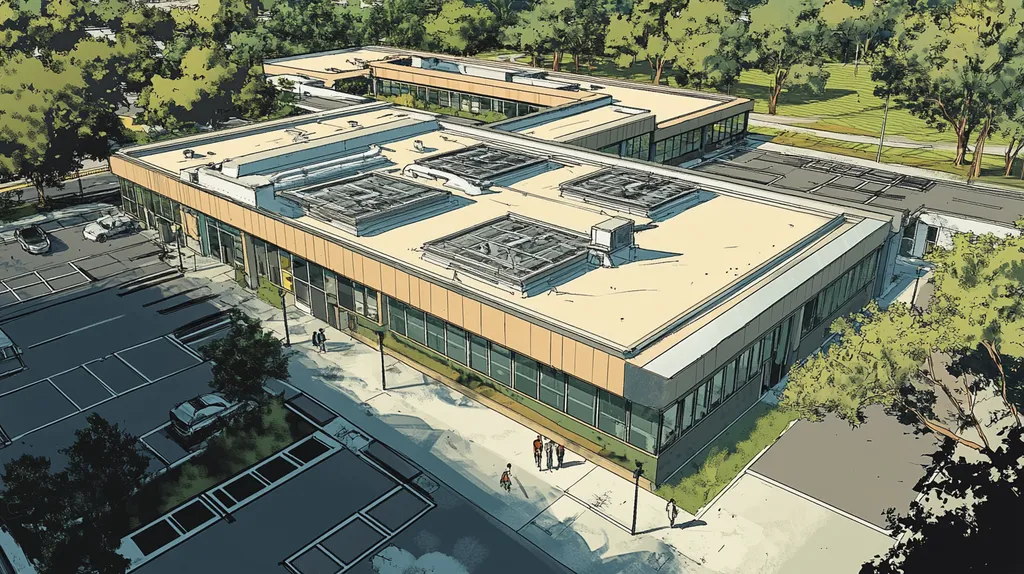 A commercial roof on a laboratory in a location similar to Orlando with a comic book style aesthetic (AI image)