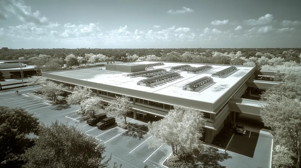 A commercial roof on a research laboratory in a location similar to Orlando with an infrared photography aesthetic (AI image)