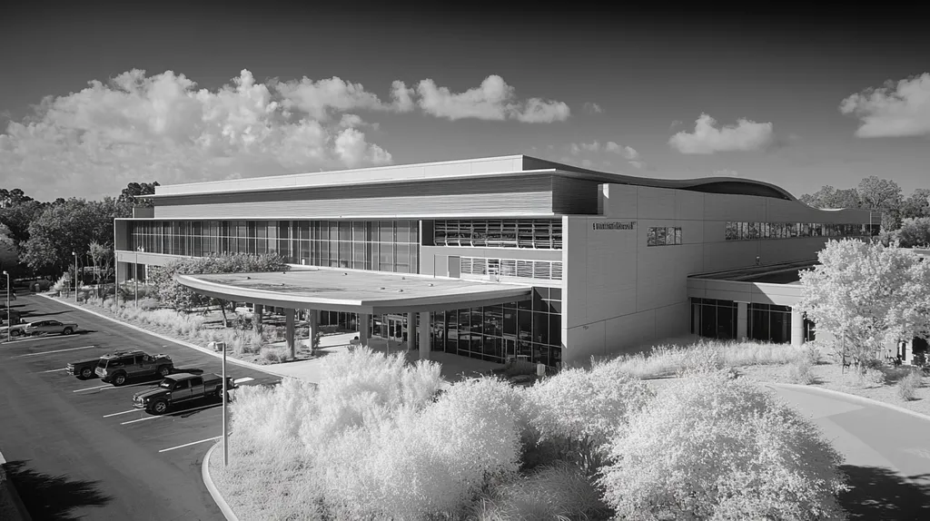 A commercial roof on a research laboratory in a location similar to Orlando with an infrared photography aesthetic (AI image)