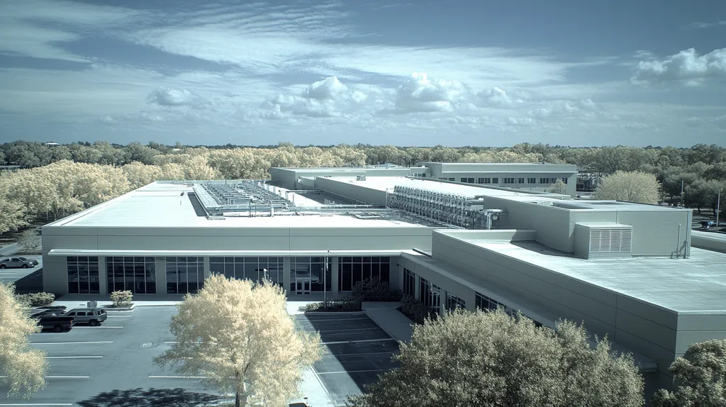 A commercial roof on a research laboratory in a location similar to Orlando with an infrared photography aesthetic (AI image)