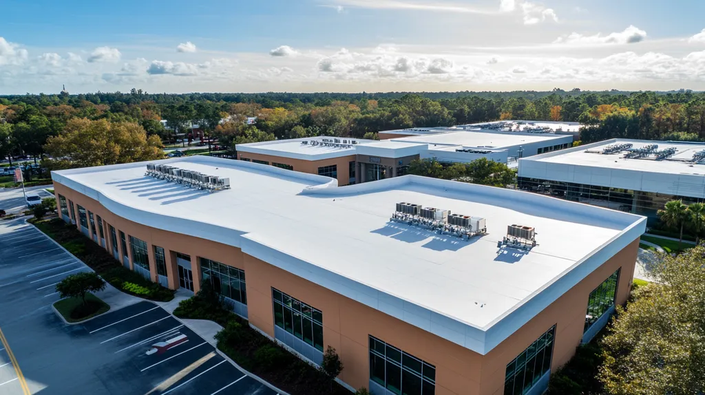 A commercial roof on a research laboratory in a location similar to Orlando with a light beams aesthetic (AI image)