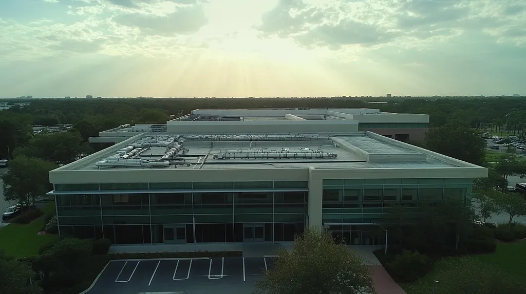 A commercial roof on a research laboratory in a location similar to Orlando with a light beams aesthetic (AI image)