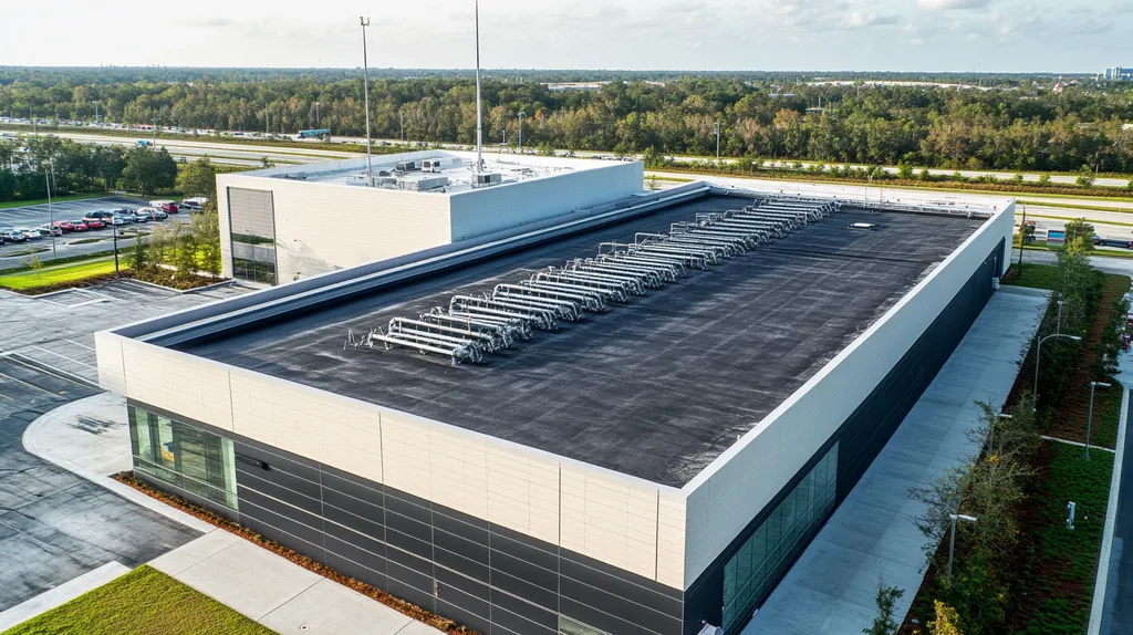 A commercial roof on a research laboratory in a location similar to Orlando with an urban context aesthetic (AI image)