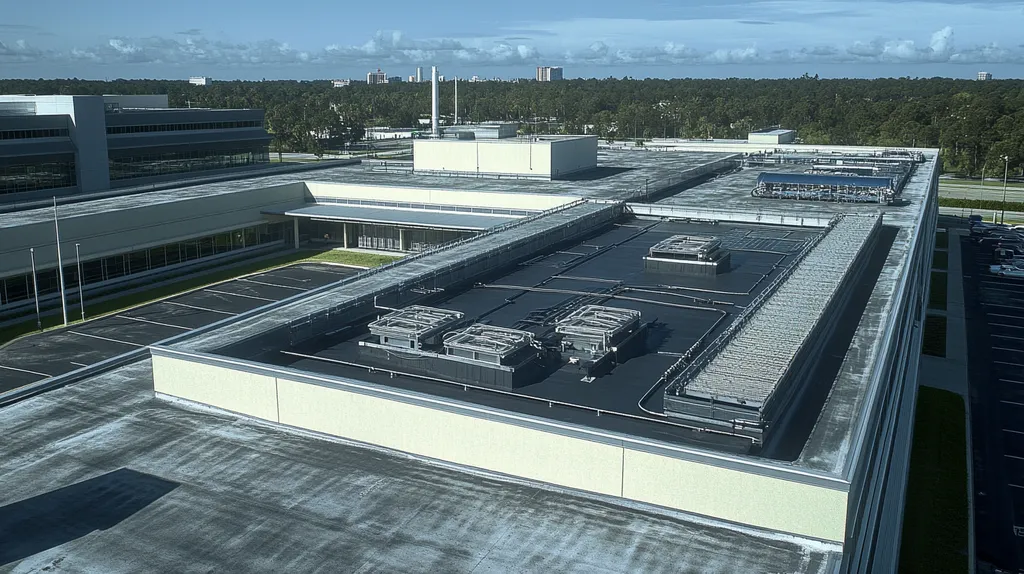 A commercial roof on a research laboratory in a location similar to Orlando with an urban context aesthetic (AI image)