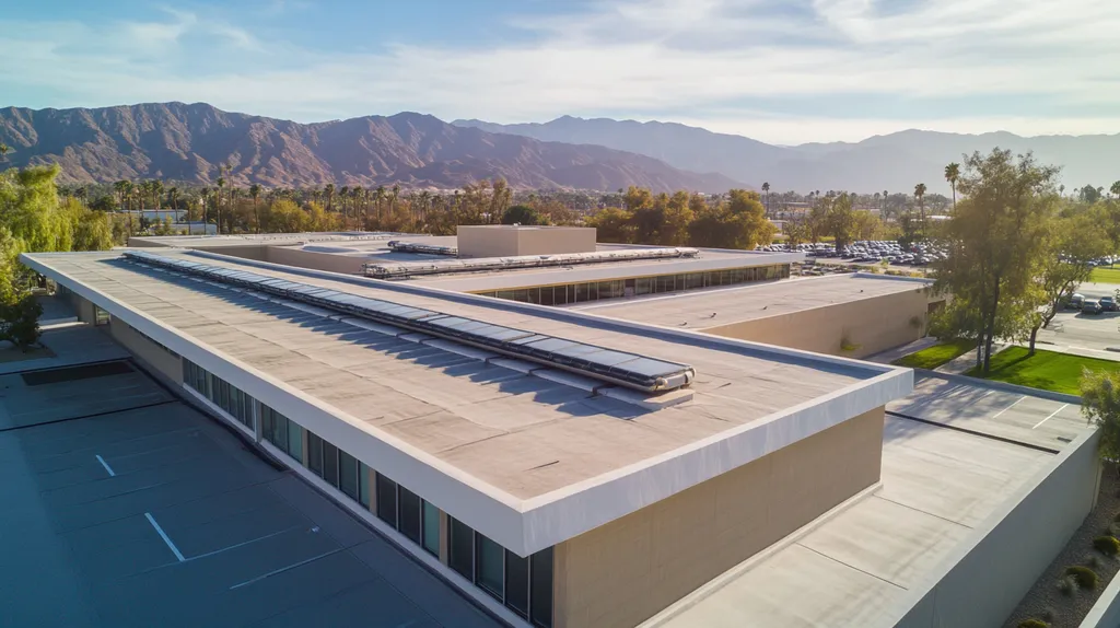 A commercial roof on a research laboratory in a location similar to Palm Springs with a color highlight aesthetic (AI image)