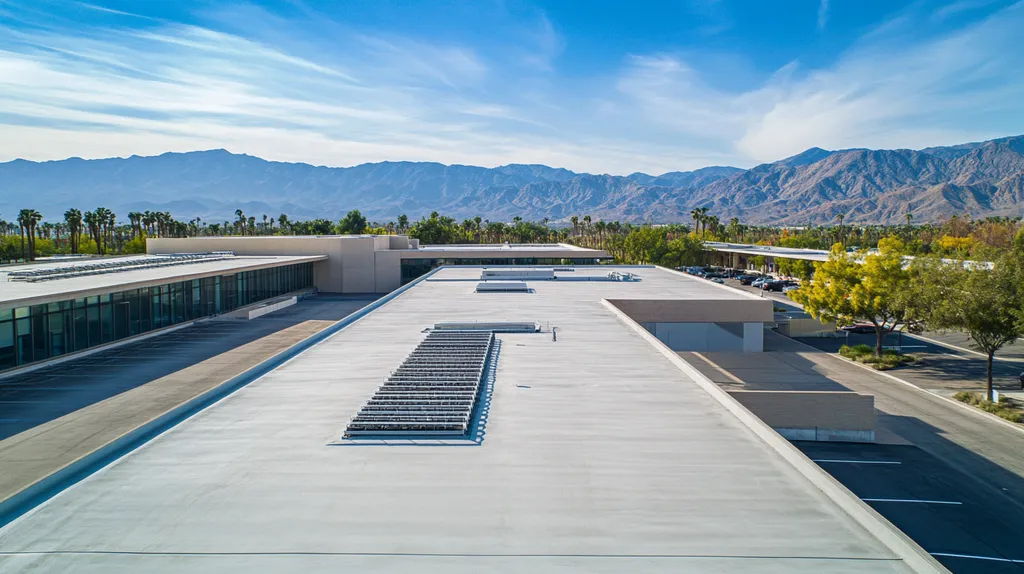 A commercial roof on a research laboratory in a location similar to Palm Springs with a color highlight aesthetic (AI image)