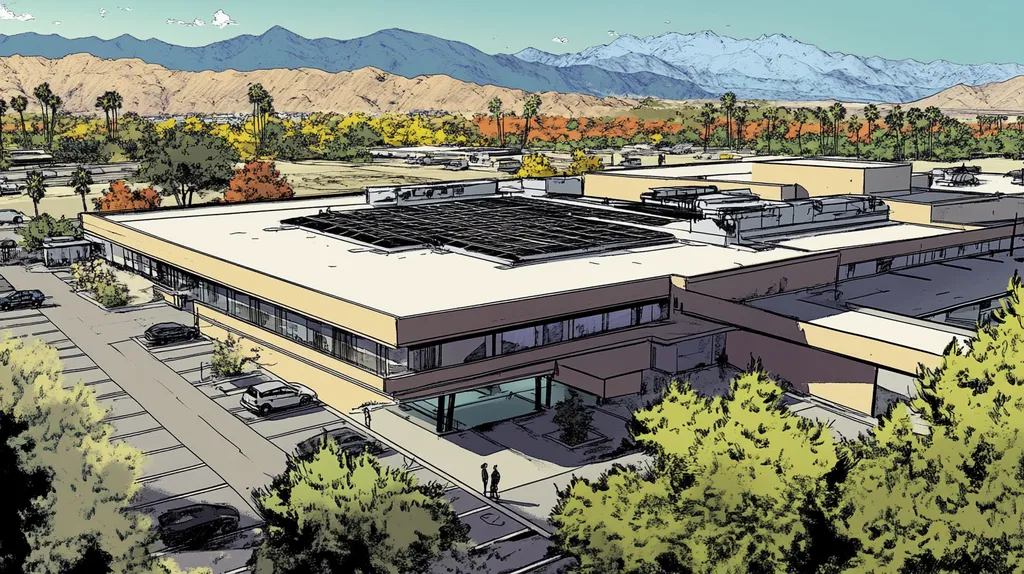 A commercial roof on a research laboratory in a location similar to Palm Springs with a comic book style aesthetic (AI image)
