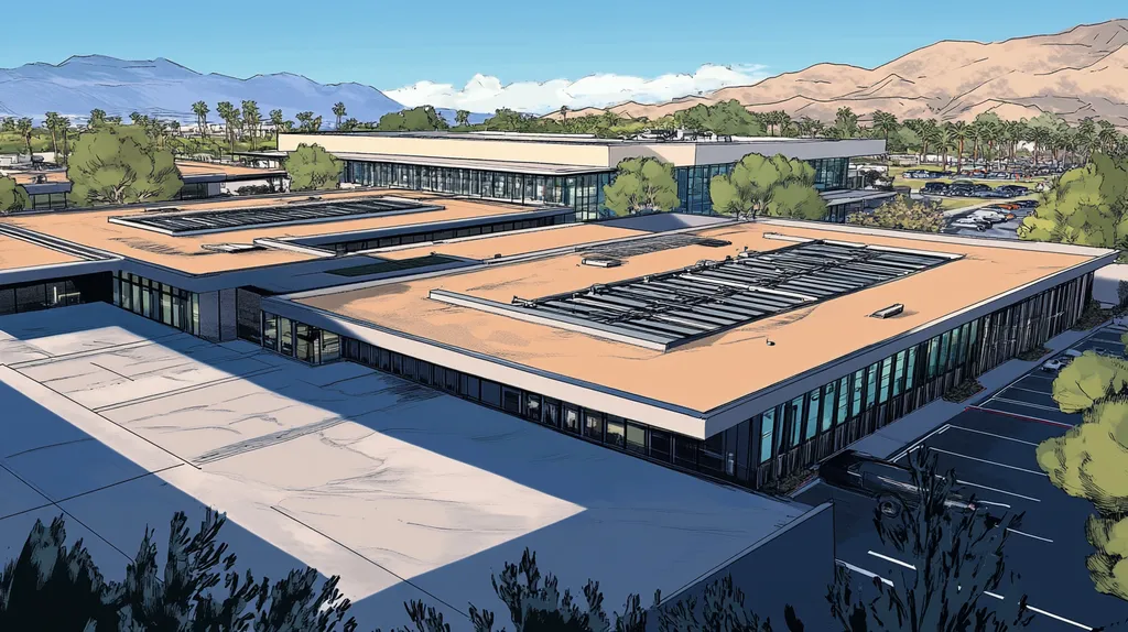 A commercial roof on a research laboratory in a location similar to Palm Springs with a comic book style aesthetic (AI image)