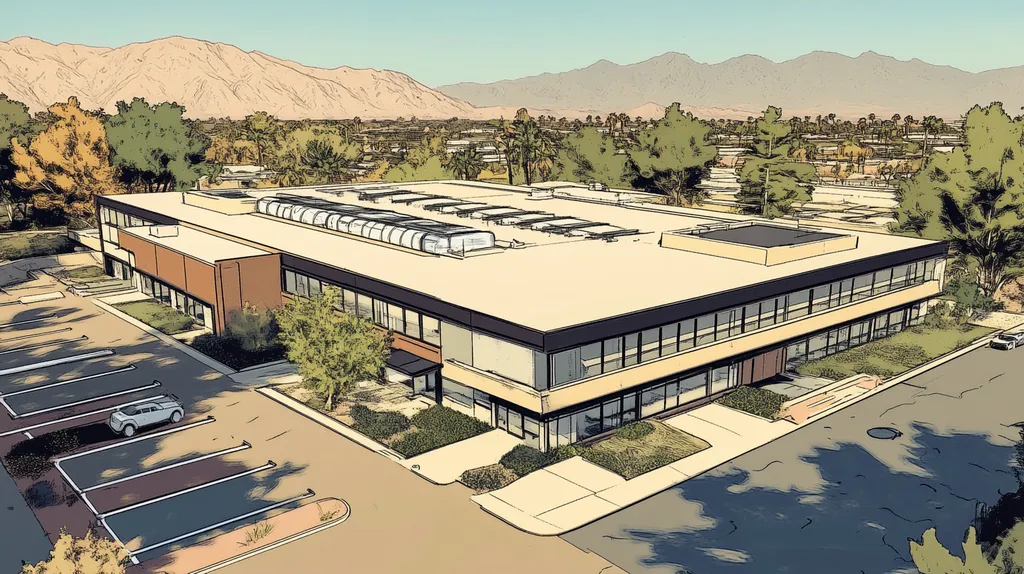 A commercial roof on a research laboratory in a location similar to Palm Springs with a comic book style aesthetic (AI image)