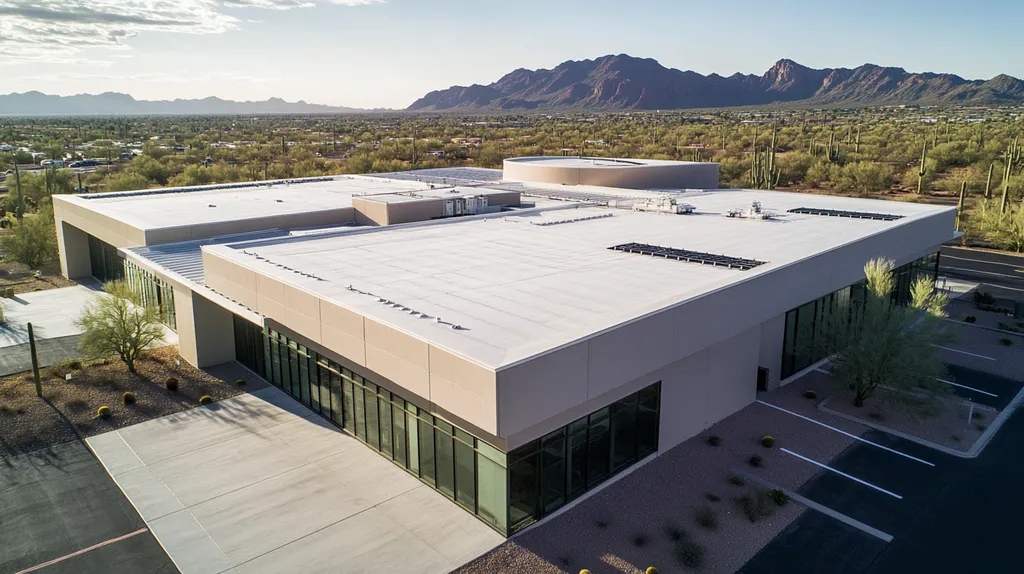 A commercial roof on a laboratory in a location similar to Phoenix with a color highlight aesthetic (AI image)