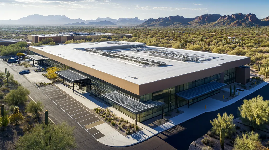 A commercial roof on a research laboratory in a location similar to Phoenix with a color highlight aesthetic (AI image)