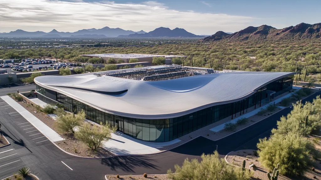 A commercial roof on a research laboratory in a location similar to Phoenix with a futuristic aesthetic (AI image)