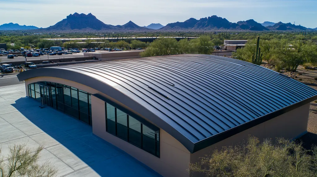 A commercial roof on a research laboratory in a location similar to Phoenix with a futuristic aesthetic (AI image)