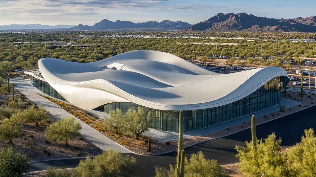 A commercial roof on a research laboratory in a location similar to Phoenix with a futuristic aesthetic (AI image)