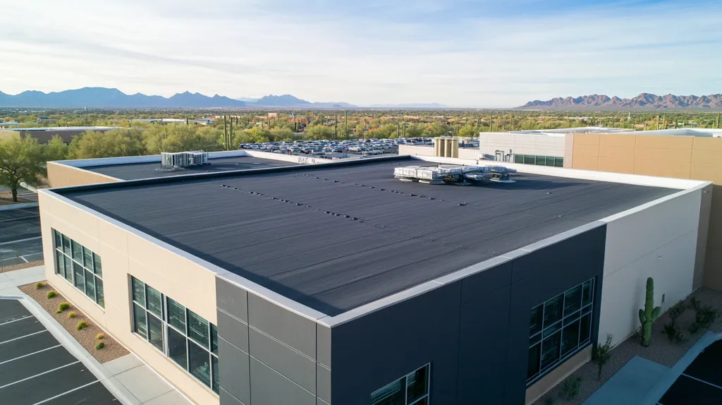 A commercial roof on a research laboratory in a location similar to Phoenix with an urban context aesthetic (AI image)