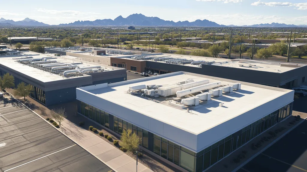 A commercial roof on a laboratory in a location similar to Phoenix with an urban context aesthetic (AI image)