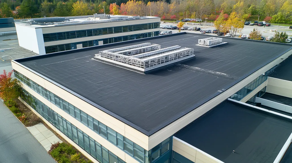 A commercial roof on a research laboratory in a location similar to Portland, Maine with an architectural photography aesthetic (AI image)