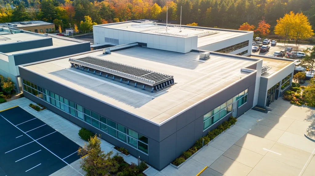 A commercial roof on a laboratory in a location similar to Portland, Maine with an architectural photography aesthetic (AI image)