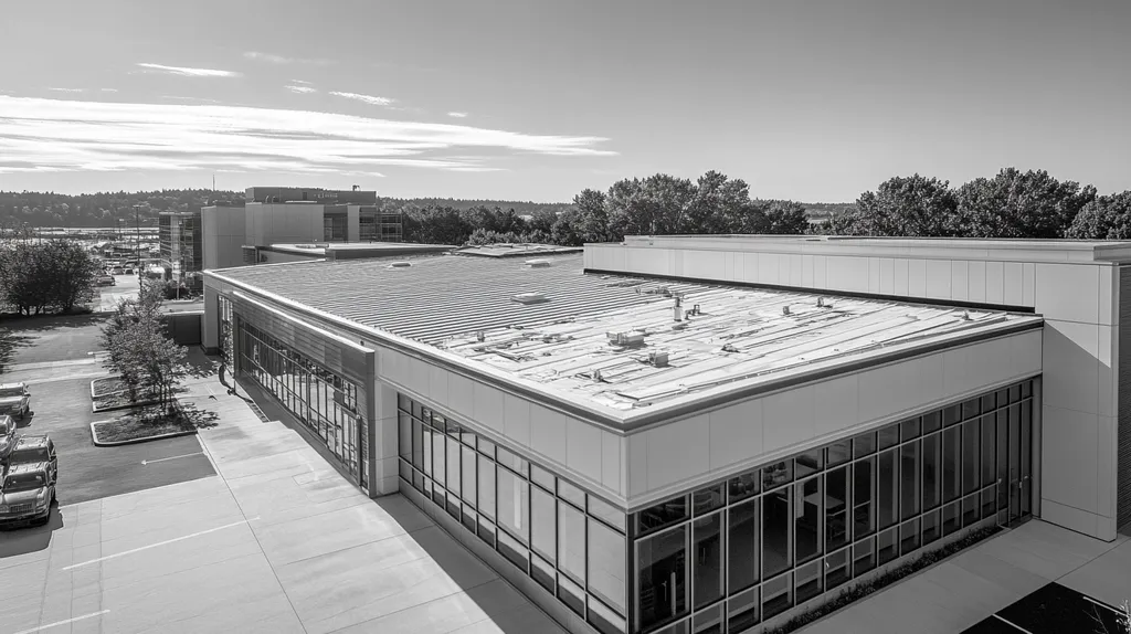 A commercial roof on a research laboratory in a location similar to Portland, Maine with a black and white photography aesthetic (AI image)