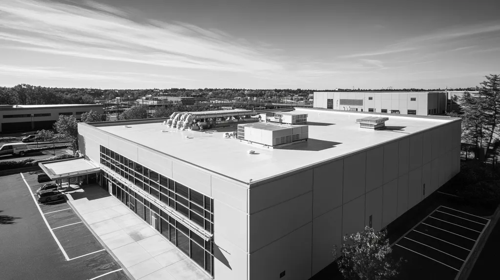 A commercial roof on a research laboratory in a location similar to Portland, Maine with a black and white photography aesthetic (AI image)