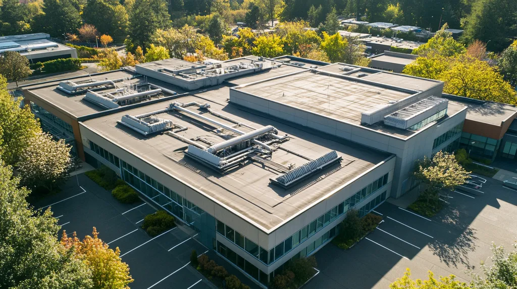 A commercial roof on a research laboratory in a location similar to Portland with a color highlight aesthetic (AI image)