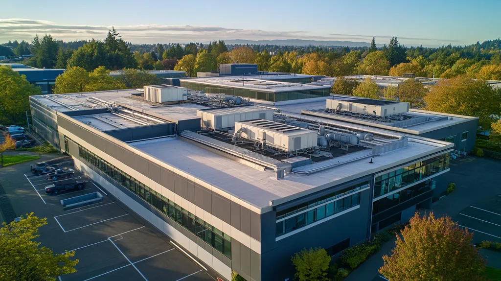 A commercial roof on a research laboratory in a location similar to Portland with a color highlight aesthetic (AI image)