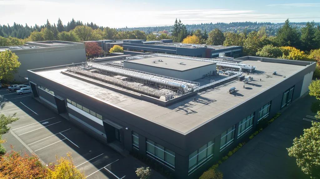 A commercial roof on a research laboratory in a location similar to Portland with a color highlight aesthetic (AI image)