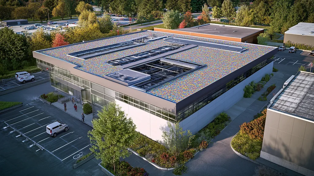 A commercial roof on a research laboratory in a location similar to Portland with a mosaic tile art aesthetic (AI image)