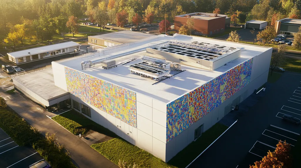 A commercial roof on a research laboratory in a location similar to Portland with a mosaic tile art aesthetic (AI image)