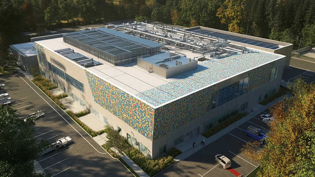 A commercial roof on a research laboratory in a location similar to Portland with a mosaic tile art aesthetic (AI image)