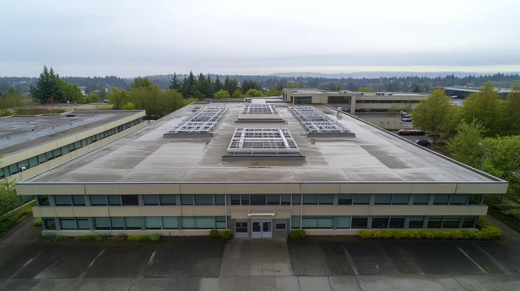 A commercial roof on a laboratory in a location similar to Portland with a rainy day aesthetic (AI image)