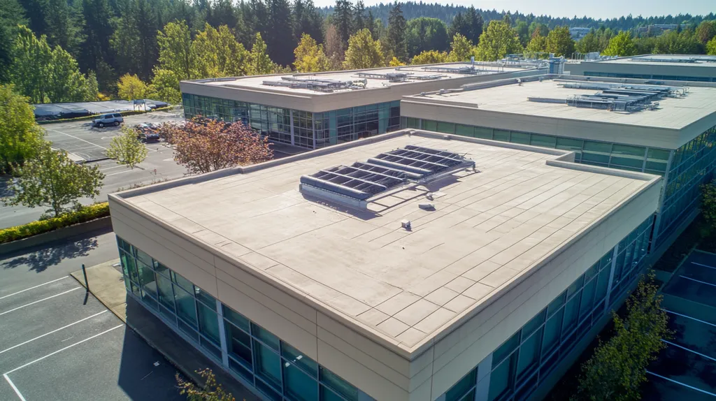 A commercial roof on a research laboratory in a location similar to Portland with a rainy day aesthetic (AI image)