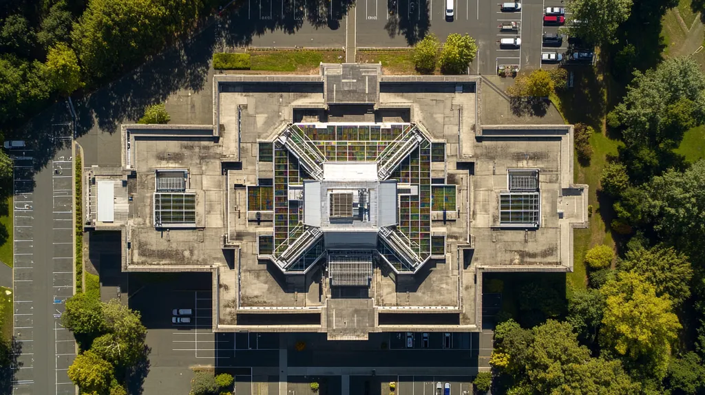 A commercial roof on a research laboratory in a location similar to Portland with a stained glass style aesthetic (AI image)