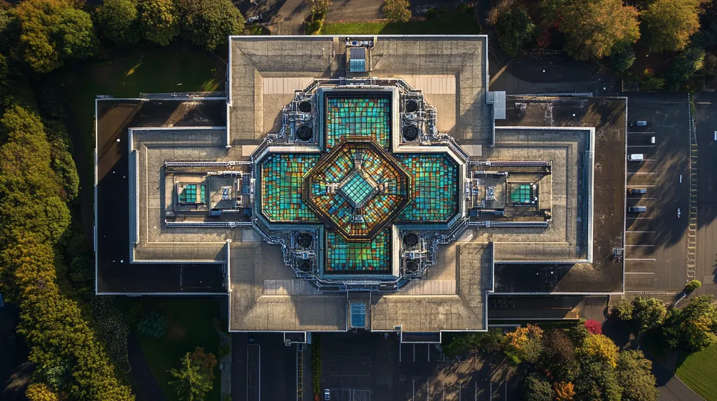 A commercial roof on a research laboratory in a location similar to Portland with a stained glass style aesthetic (AI image)