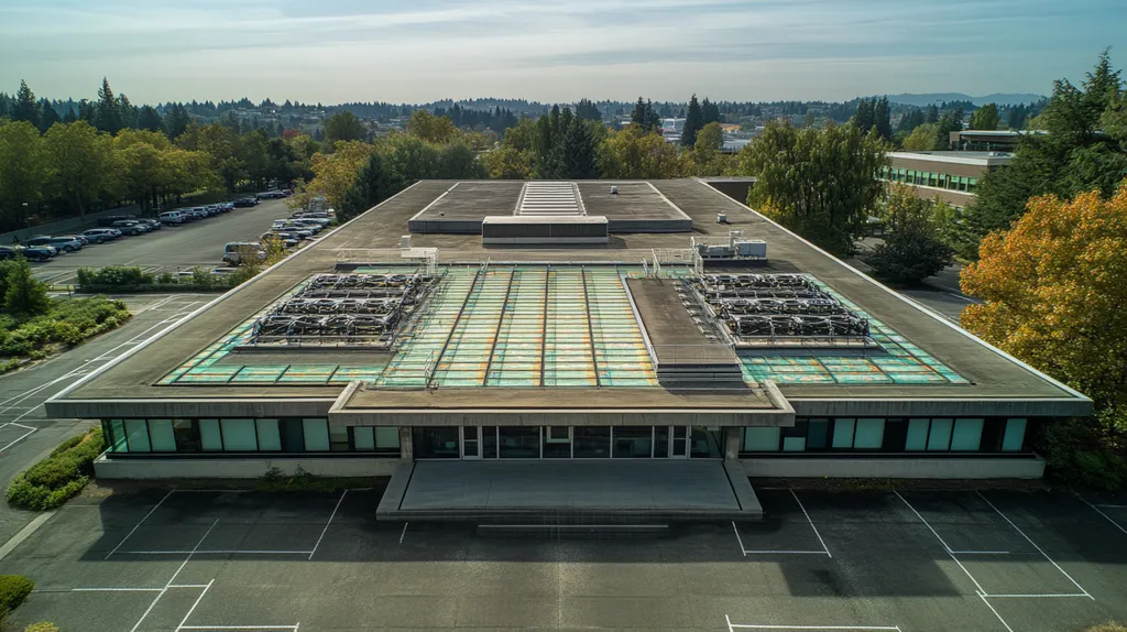 A commercial roof on a research laboratory in a location similar to Portland with a stained glass style aesthetic (AI image)