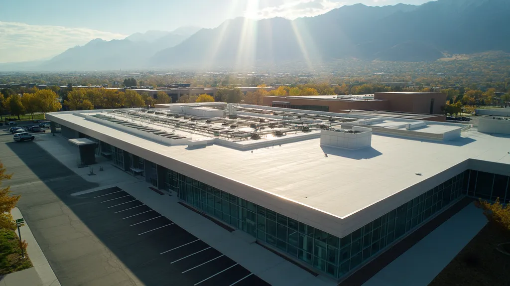 A commercial roof on a research laboratory in a location similar to Salt Lake City with a light beams aesthetic (AI image)