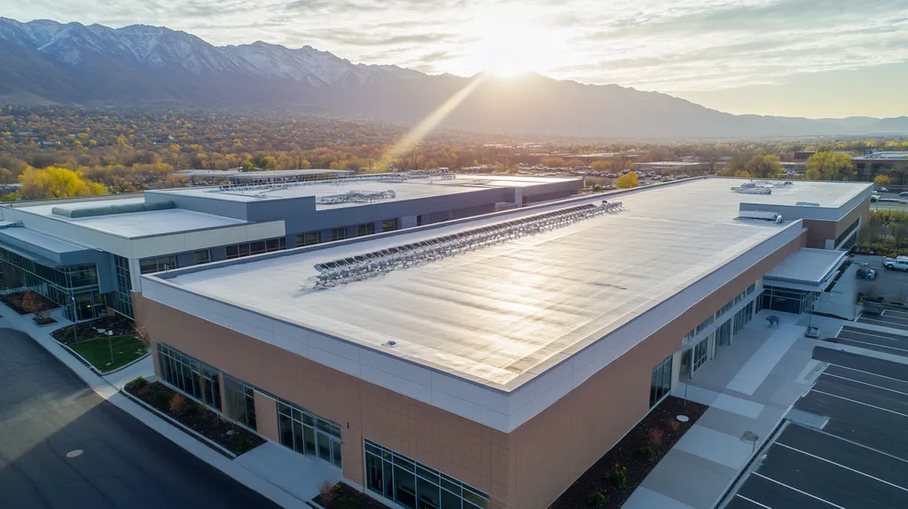 A commercial roof on a laboratory in a location similar to Salt Lake City with a light beams aesthetic (AI image)