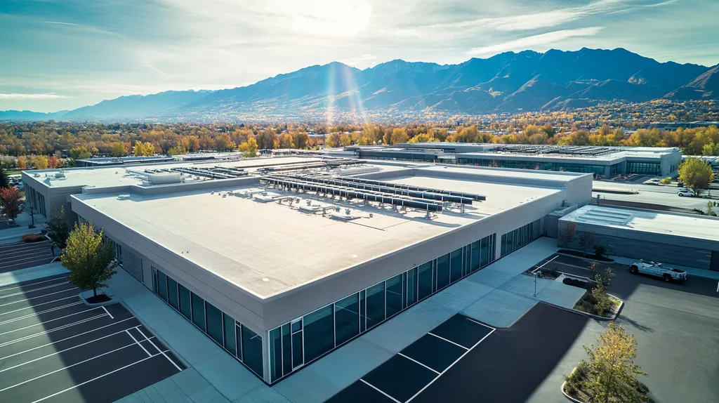 A commercial roof on a research laboratory in a location similar to Salt Lake City with a light beams aesthetic (AI image)