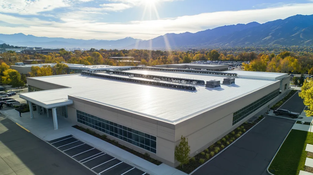 A commercial roof on a research laboratory in a location similar to Salt Lake City with a light beams aesthetic (AI image)
