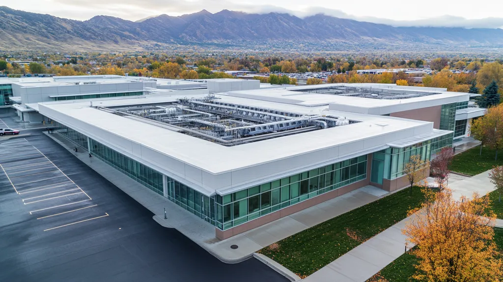 A commercial roof on a research laboratory in a location similar to Salt Lake City with a rainy day aesthetic (AI image)