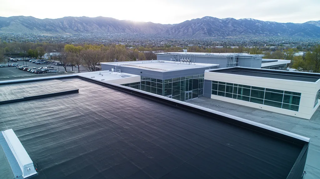 A commercial roof on a research laboratory in a location similar to Salt Lake City with a rainy day aesthetic (AI image)
