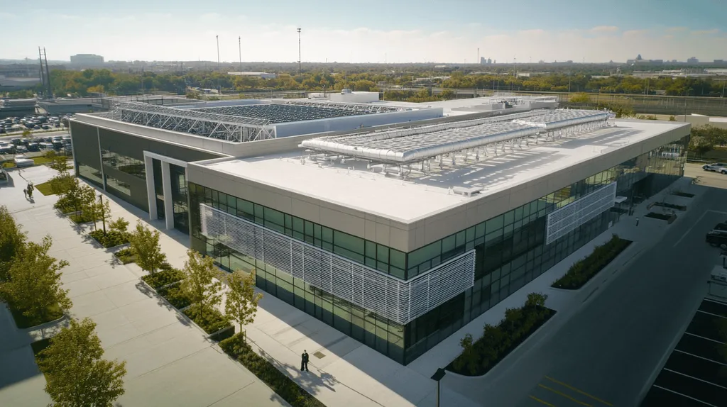 A commercial roof on a research laboratory in a location similar to San Antonio with a color highlight aesthetic (AI image)