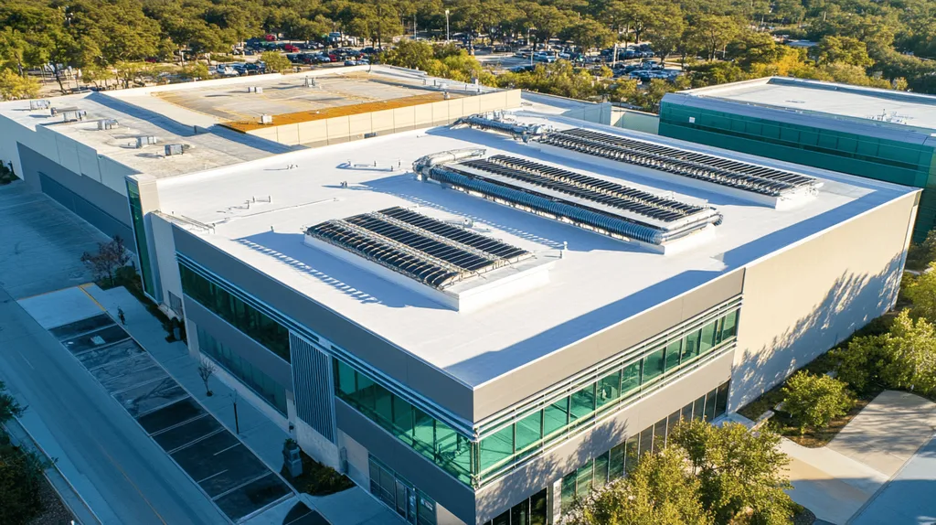A commercial roof on a research laboratory in a location similar to San Antonio with a color highlight aesthetic (AI image)