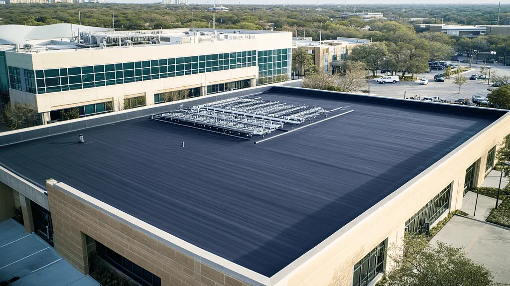 A commercial roof on a research laboratory in a location similar to San Antonio with a color highlight aesthetic (AI image)