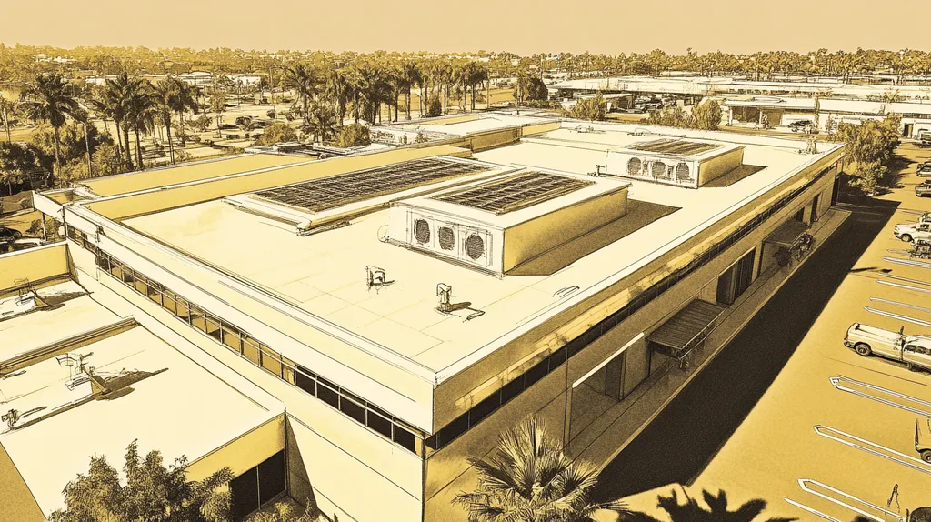 A commercial roof on a research laboratory in a location similar to San Diego with an architectural sketch rendering aesthetic (AI image)