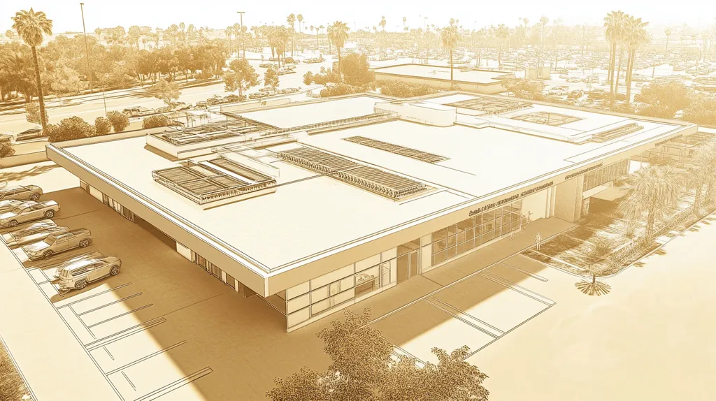 A commercial roof on a research laboratory in a location similar to San Diego with an architectural sketch rendering aesthetic (AI image)